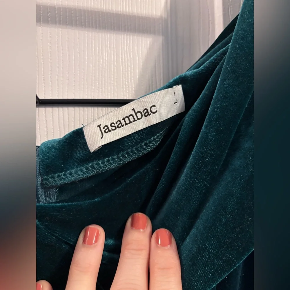 Jasambac Green Velvet Off Shoulder Dress Size L High Low - Picture 3 of 3